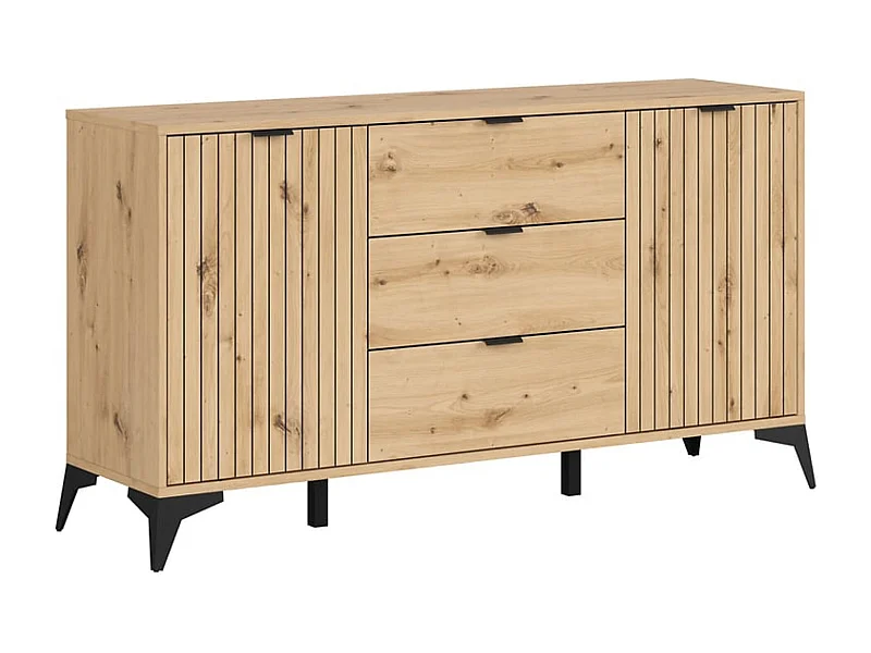 Commode Buffet à 2 portes et 3 tiroirs,coloris Chêne artisan - Longueur 150 x Profondeur 41 x Hauteur 83 cm