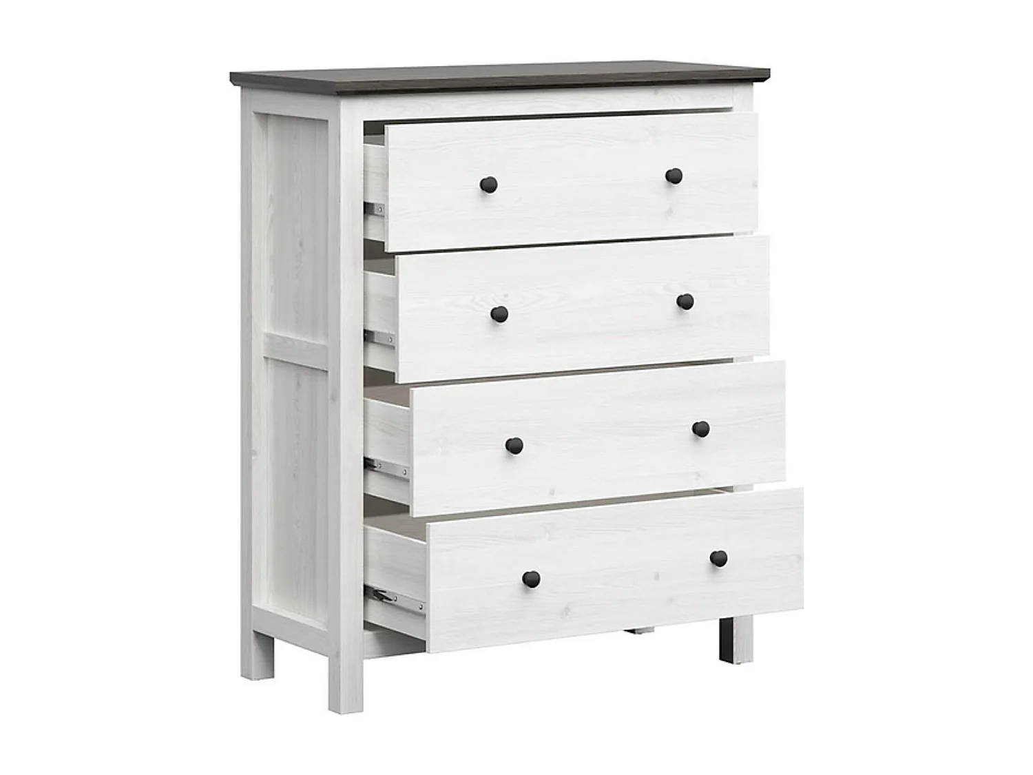 Commode meuble de rangement à 4 tiroirs, coloris Gris Mélèze clair / Pin larico - Longueur 101 x Profondeur 44 x Hauteur 120 cm
