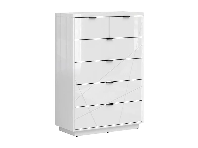 Commode Chiffonnier à 6 tiroirs , coloris Blanc brillant/Blanc haute brillance - Longueur 90 x Profondeur 42,5 x Hauteur 130,5 cm