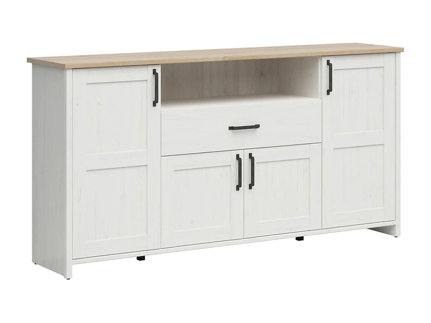 Commode buffet à 4 portes, tiroir et étagère, coloris Blanc pin andersen/Chêne clair - Longueur 194 x Profondeur 42,5 x Hauteur 98,5 cm