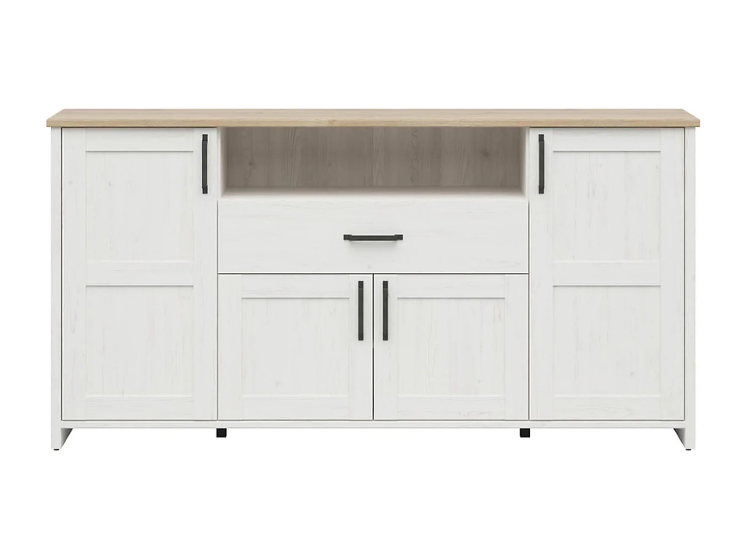 Commode buffet à 4 portes, tiroir et étagère, coloris Blanc pin andersen/Chêne clair - Longueur 194 x Profondeur 42,5 x Hauteur 98,5 cm