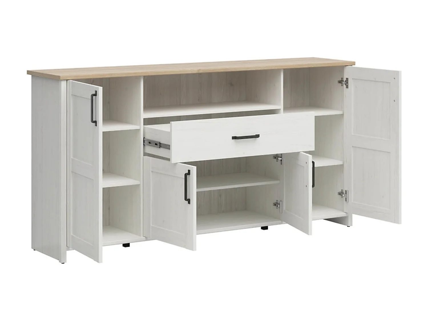 Commode buffet à 4 portes, tiroir et étagère, coloris Blanc pin andersen/Chêne clair - Longueur 194 x Profondeur 42,5 x Hauteur 98,5 cm