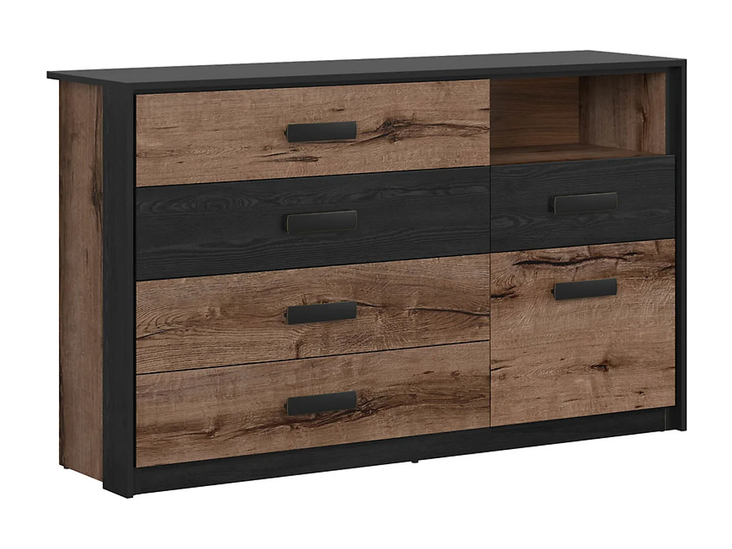 Commode Buffet avec 1 porte et 5 tiroirs coloris Chêne marron foncé/Chêne noir - Longueur 150 x Profondeur 41 x Hauteur 90 cm