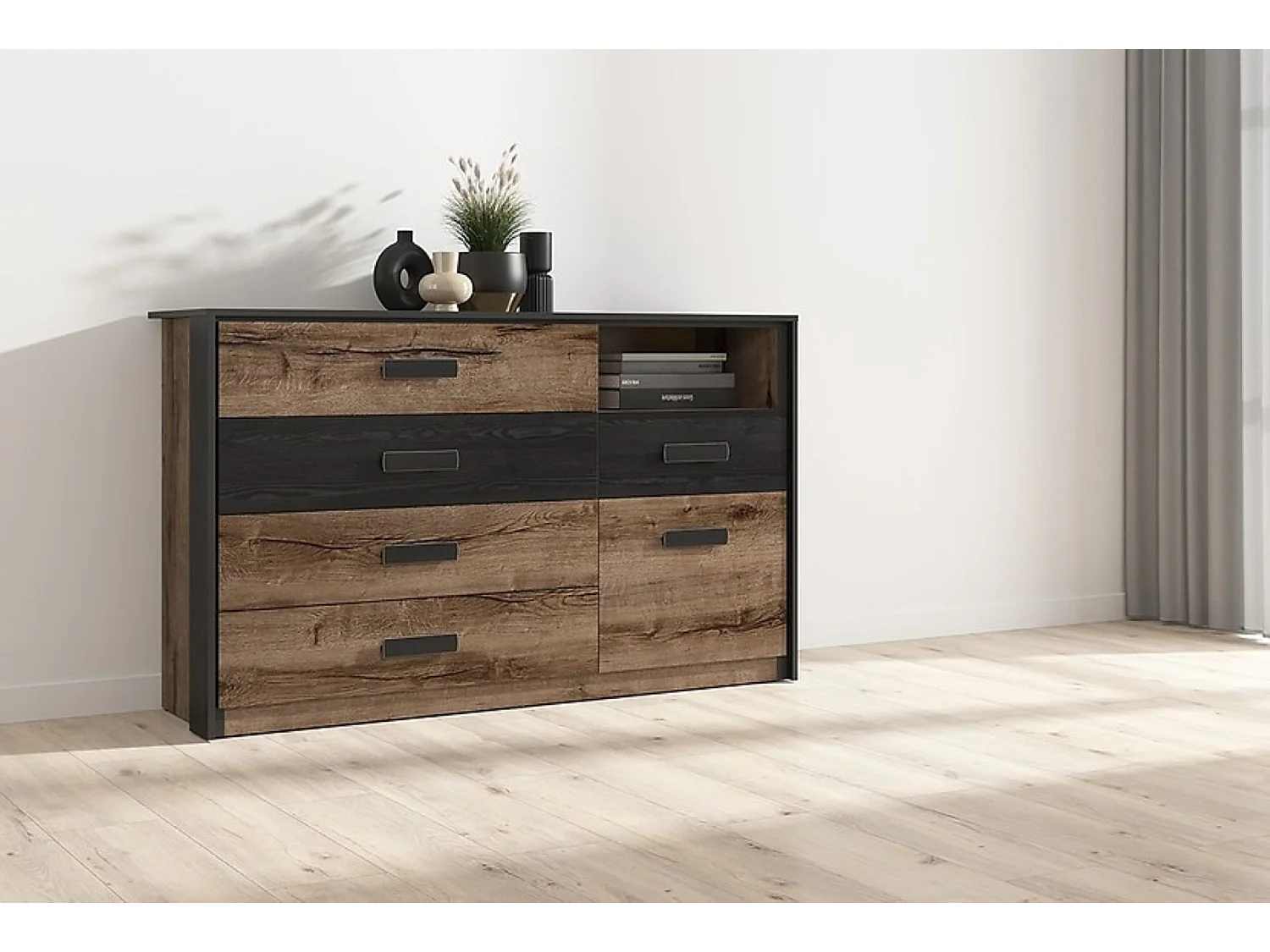 Commode Buffet avec 1 porte et 5 tiroirs coloris Chêne marron foncé/Chêne noir - Longueur 150 x Profondeur 41 x Hauteur 90 cm