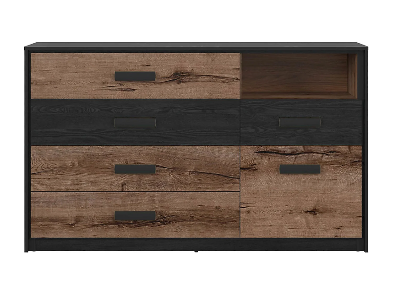 Commode Buffet avec 1 porte et 5 tiroirs coloris Chêne marron foncé/Chêne noir - Longueur 150 x Profondeur 41 x Hauteur 90 cm