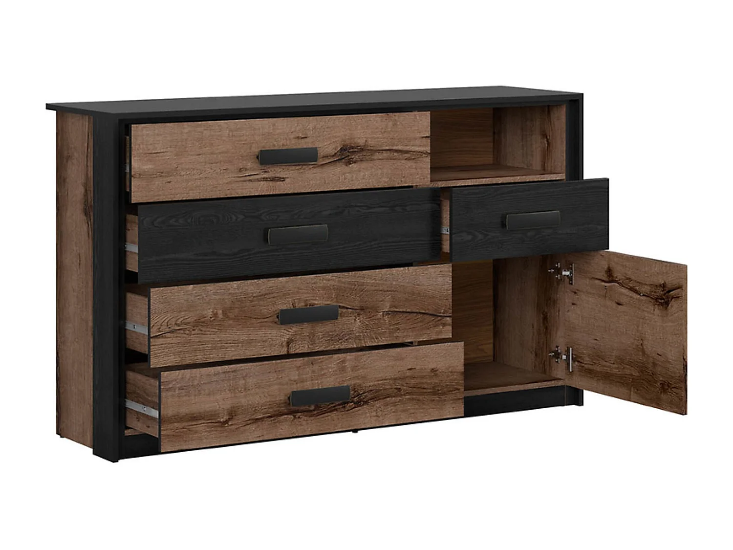 Commode Buffet avec 1 porte et 5 tiroirs coloris Chêne marron foncé/Chêne noir - Longueur 150 x Profondeur 41 x Hauteur 90 cm