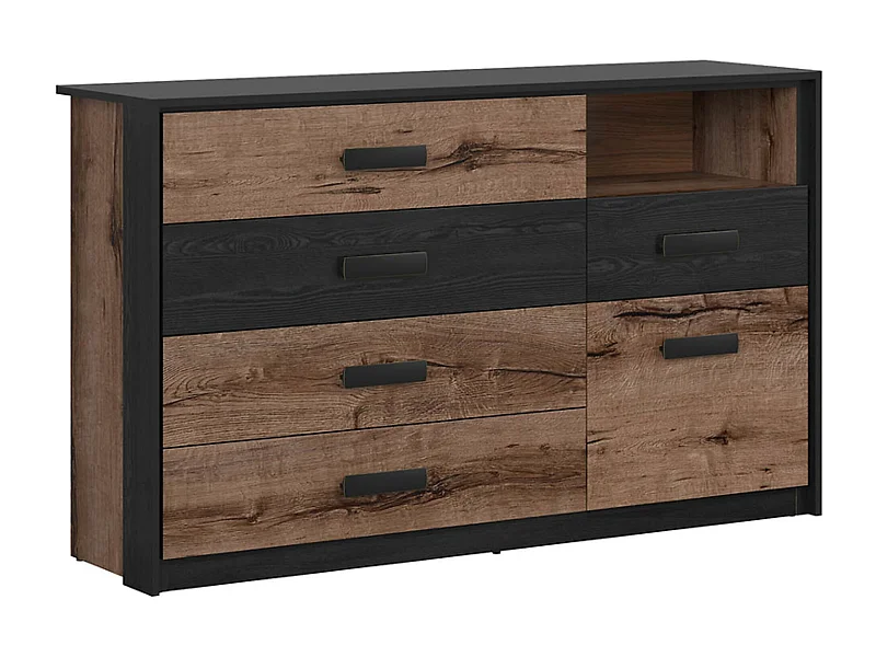 Commode Buffet avec 1 porte et 5 tiroirs coloris Chêne marron foncé/Chêne noir - Longueur 150 x Profondeur 41 x Hauteur 90 cm