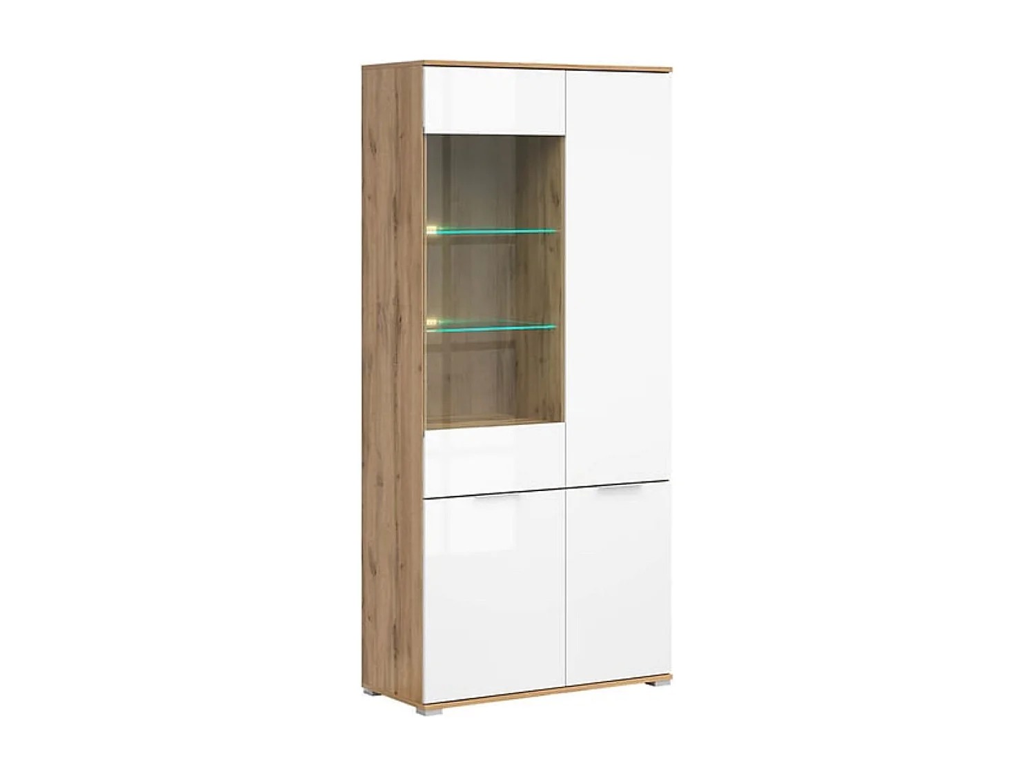 Vitrine haute en verre trempé à 4 portes avec éclairage LED coloris Chêne wotan/Blanc brillant - Longueur 90 x Profondeur 41 x Hauteur 195 cm