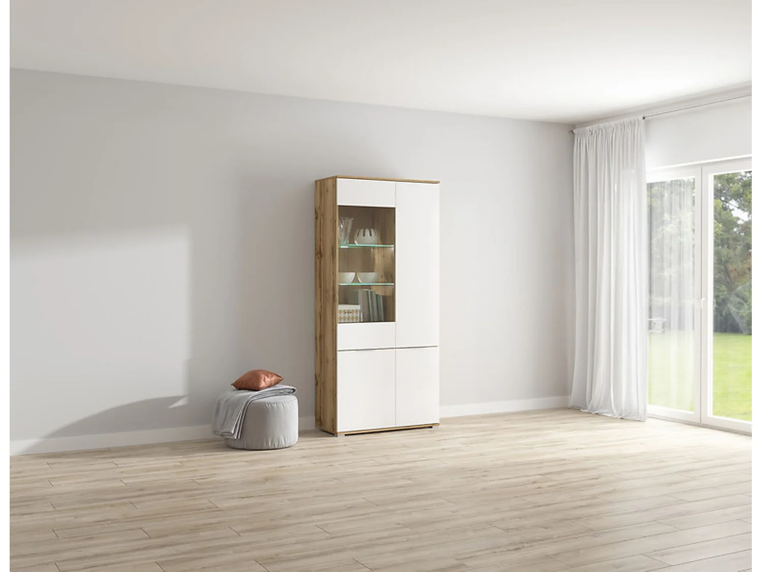 Vitrine haute en verre trempé à 4 portes avec éclairage LED coloris Chêne wotan/Blanc brillant - Longueur 90 x Profondeur 41 x Hauteur 195 cm