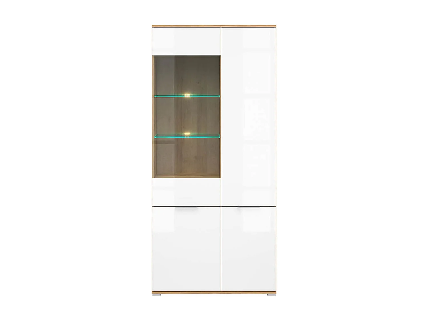 Vitrine haute en verre trempé à 4 portes avec éclairage LED coloris Chêne wotan/Blanc brillant - Longueur 90 x Profondeur 41 x Hauteur 195 cm