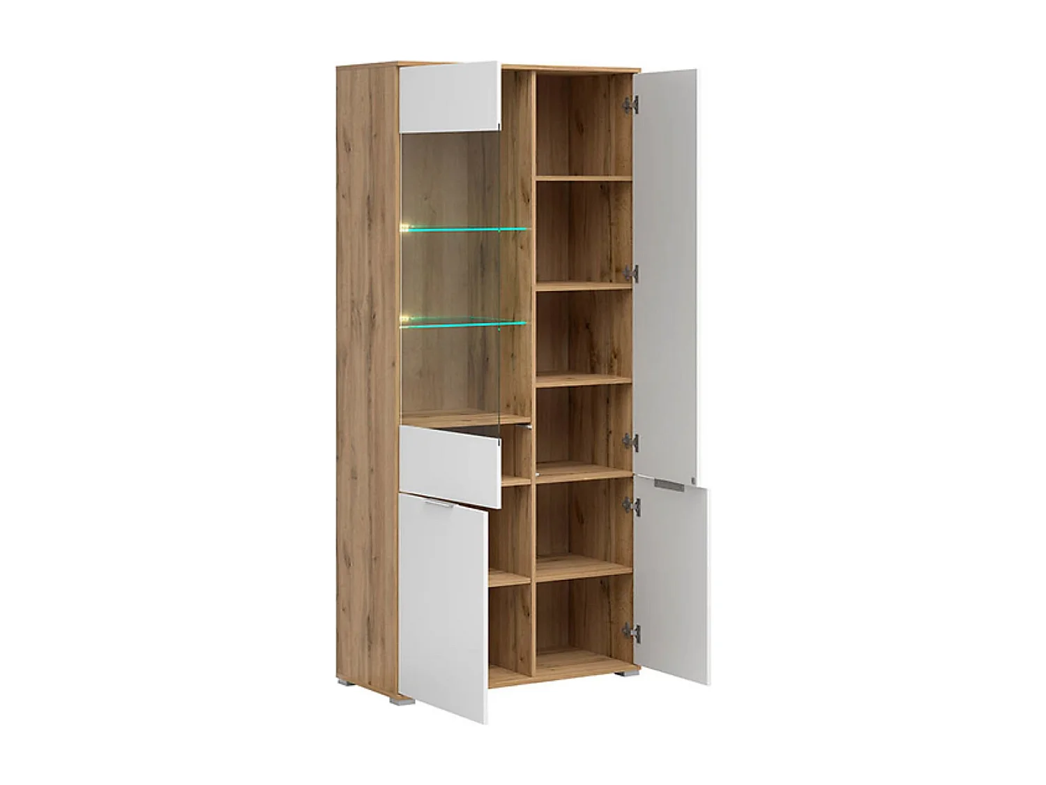 Vitrine haute en verre trempé à 4 portes avec éclairage LED coloris Chêne wotan/Blanc brillant - Longueur 90 x Profondeur 41 x Hauteur 195 cm