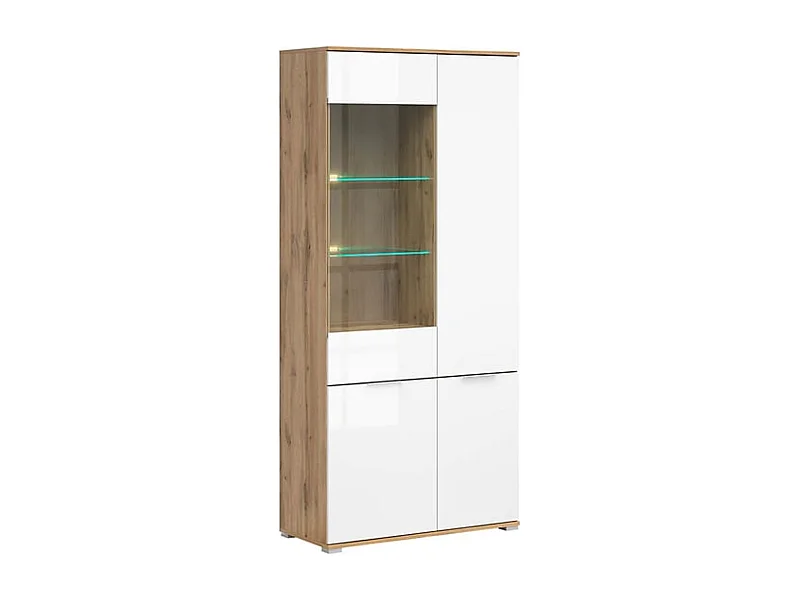 Vitrine haute en verre trempé à 4 portes avec éclairage LED coloris Chêne wotan/Blanc brillant - Longueur 90 x Profondeur 41 x Hauteur 195 cm