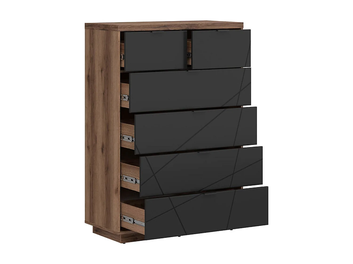 Commode Chiffonnier à 6 tiroirs , coloris Chêne delano / Noir mat - Longueur 90 x Profondeur 42,5 x Hauteur 130,5 cm