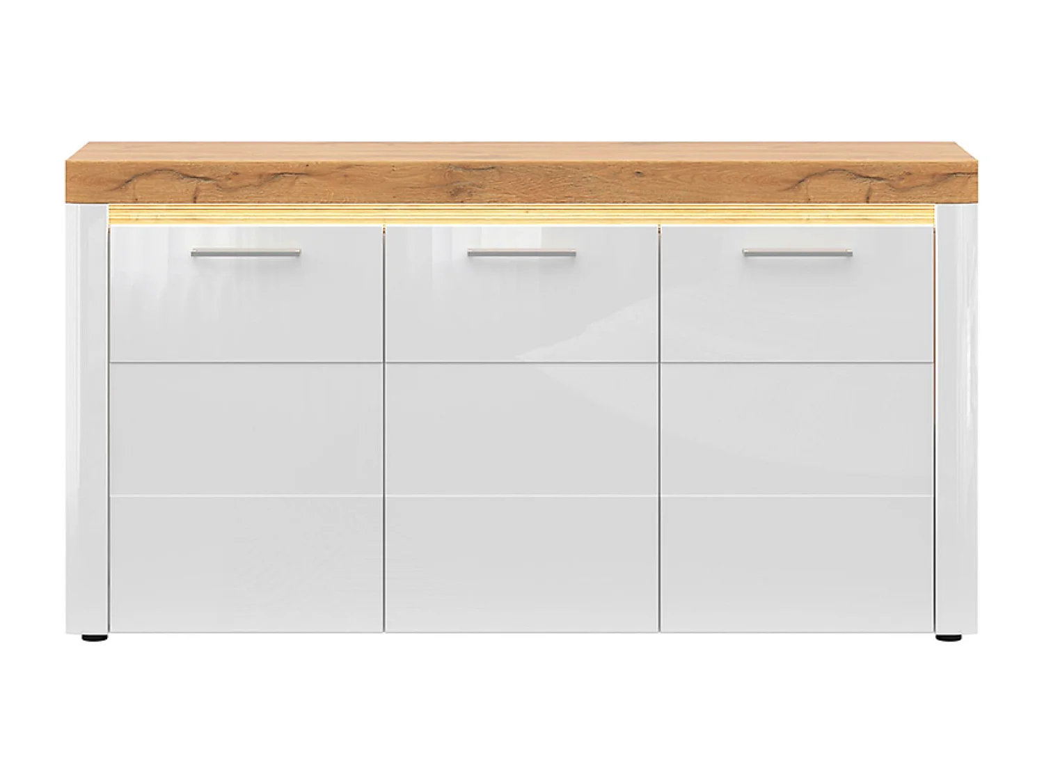 Commode Buffet à 3 portes avec éclairage LED coloris Chêne doré/Blanc haute brillance - Longueur 170 x Profondeur 42 x Hauteur 90 cm
