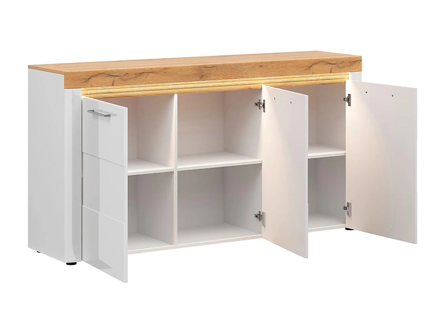 Commode Buffet à 3 portes avec éclairage LED coloris Chêne doré/Blanc haute brillance - Longueur 170 x Profondeur 42 x Hauteur 90 cm