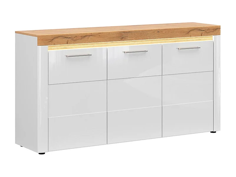 Commode Buffet à 3 portes avec éclairage LED coloris Chêne doré/Blanc haute brillance - Longueur 170 x Profondeur 42 x Hauteur 90 cm