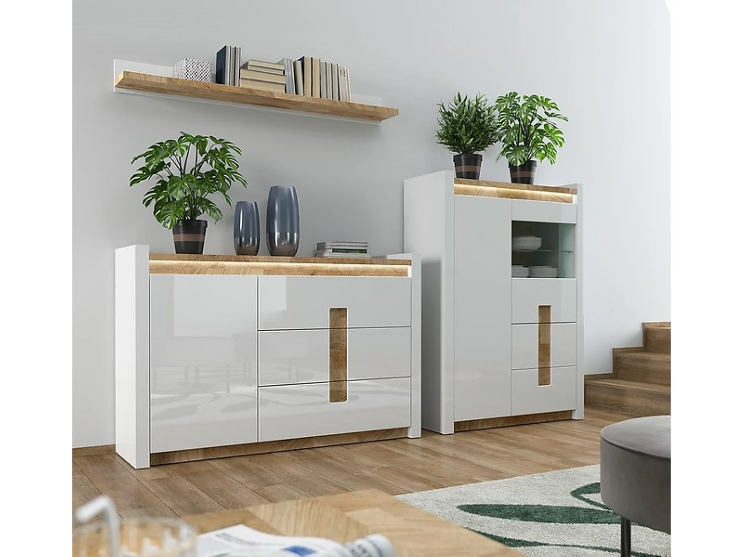 Commode avec porte et 3 tiroirs avec éclairage LED, coloris Blanc brillant/Chêne clair - Longueur 147x Profondeur 41 x Hauteur 96,5 cm