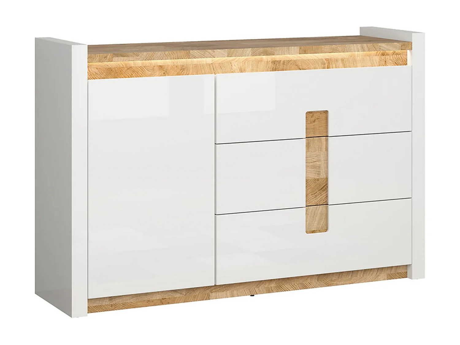 Commode avec porte et 3 tiroirs avec éclairage LED, coloris Blanc brillant/Chêne clair - Longueur 147x Profondeur 41 x Hauteur 96,5 cm