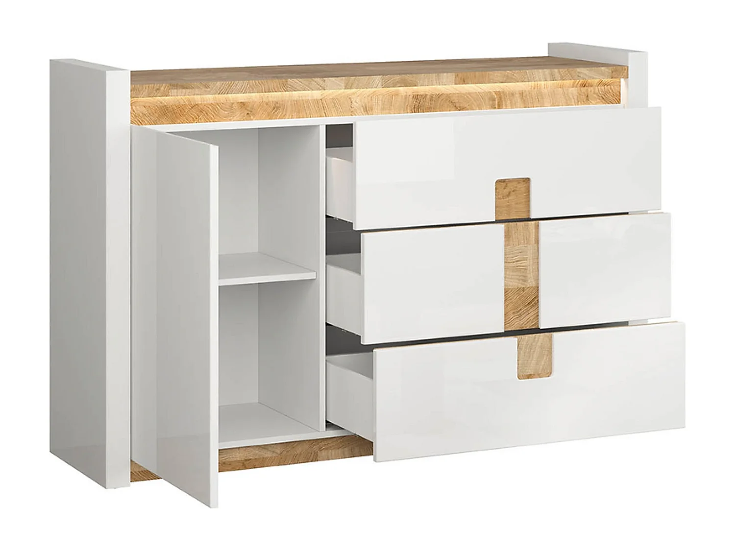 Commode avec porte et 3 tiroirs avec éclairage LED, coloris Blanc brillant/Chêne clair - Longueur 147x Profondeur 41 x Hauteur 96,5 cm