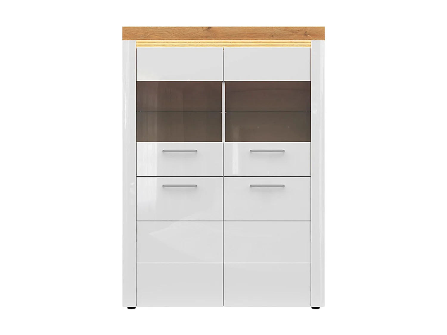 Vitrine à 4 portes avec éclairage LED coloris Chêne doré/Blanc haute brillance - Longueur 119 x Profondeur 42 x Hauteur 166 cm