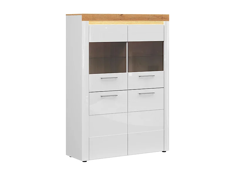 Vitrine à 4 portes avec éclairage LED coloris Chêne doré/Blanc haute brillance - Longueur 119 x Profondeur 42 x Hauteur 166 cm