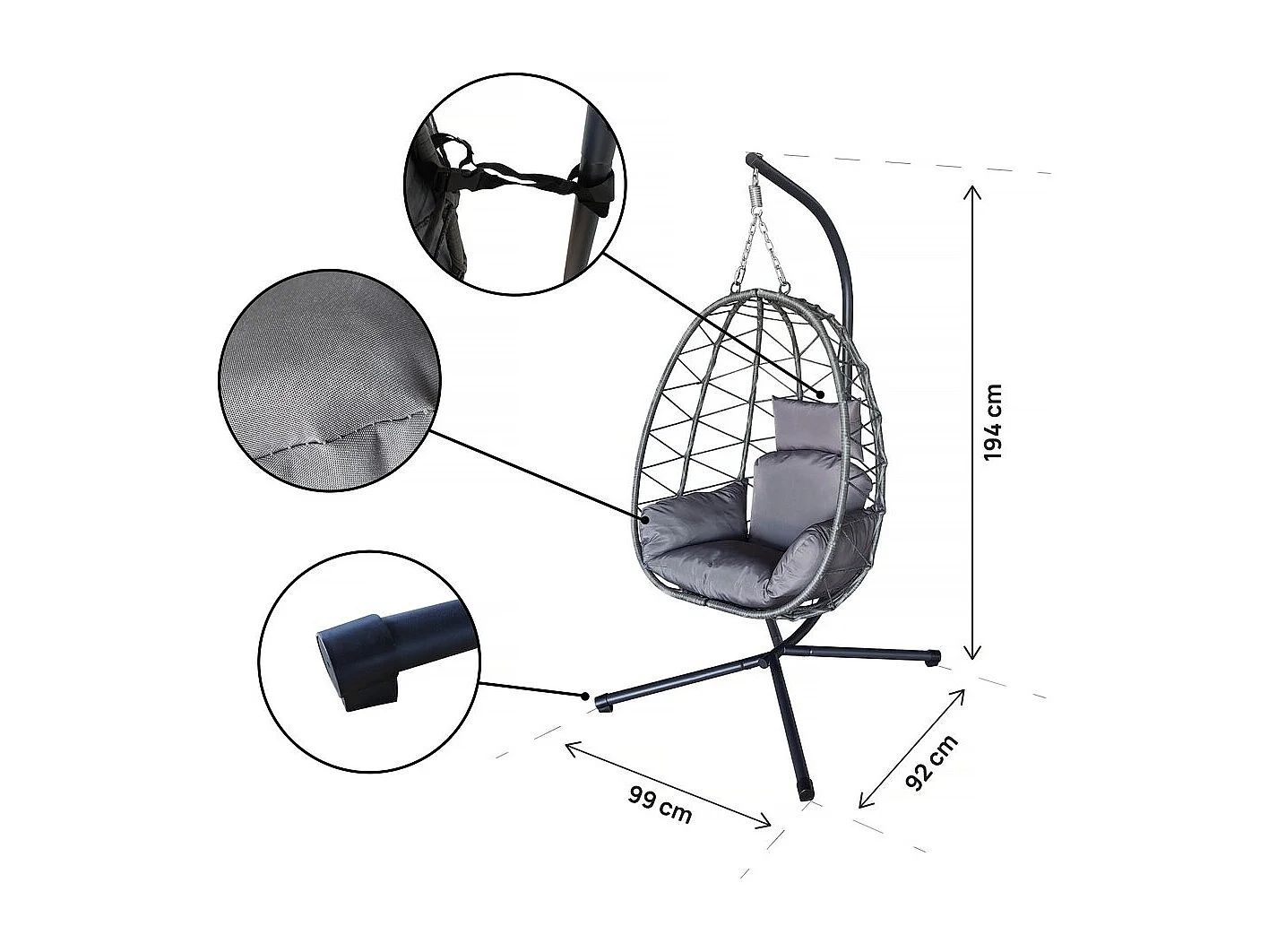 Rattan Hänge-Ei-Sessel "Cosi" - 99 x 92 x 194 cm - Grau