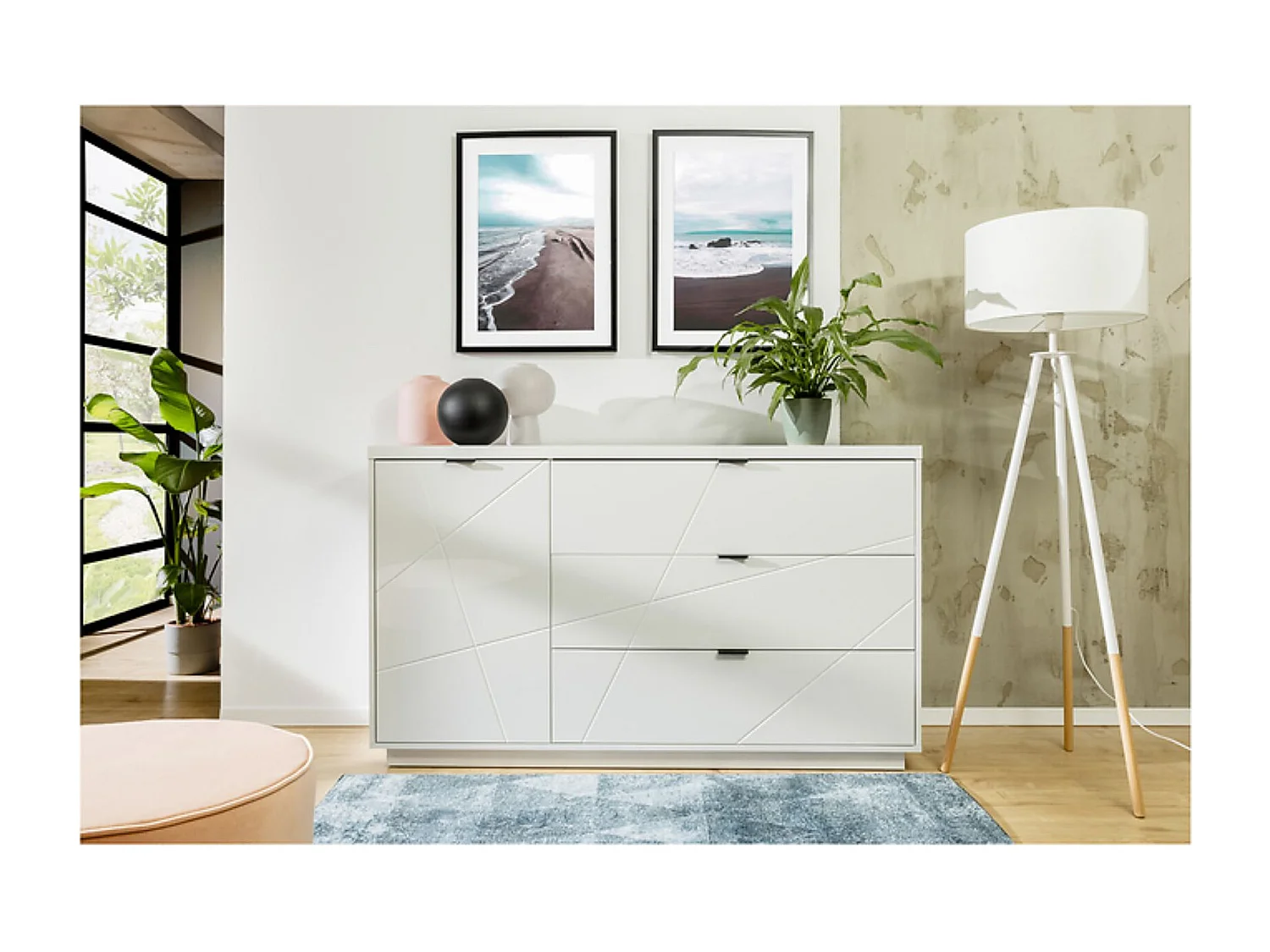 Commode Buffet avec 1 porte et 3 tiroirs, coloris Blanc brillant/Blanc haute brillance - Longueur 156 x Profondeur 42,5 x Hauteur 93 cm