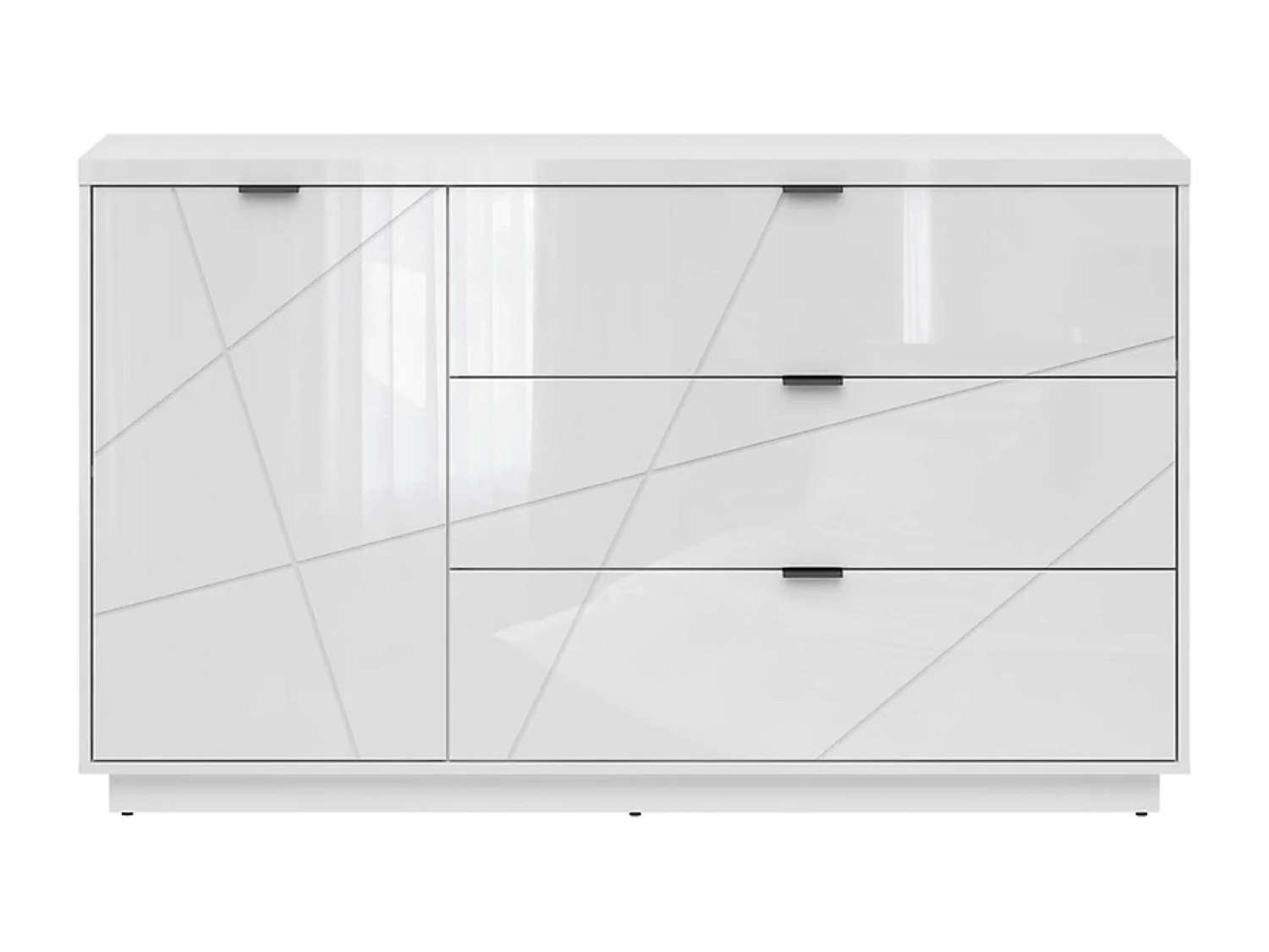 Commode Buffet avec 1 porte et 3 tiroirs, coloris Blanc brillant/Blanc haute brillance - Longueur 156 x Profondeur 42,5 x Hauteur 93 cm