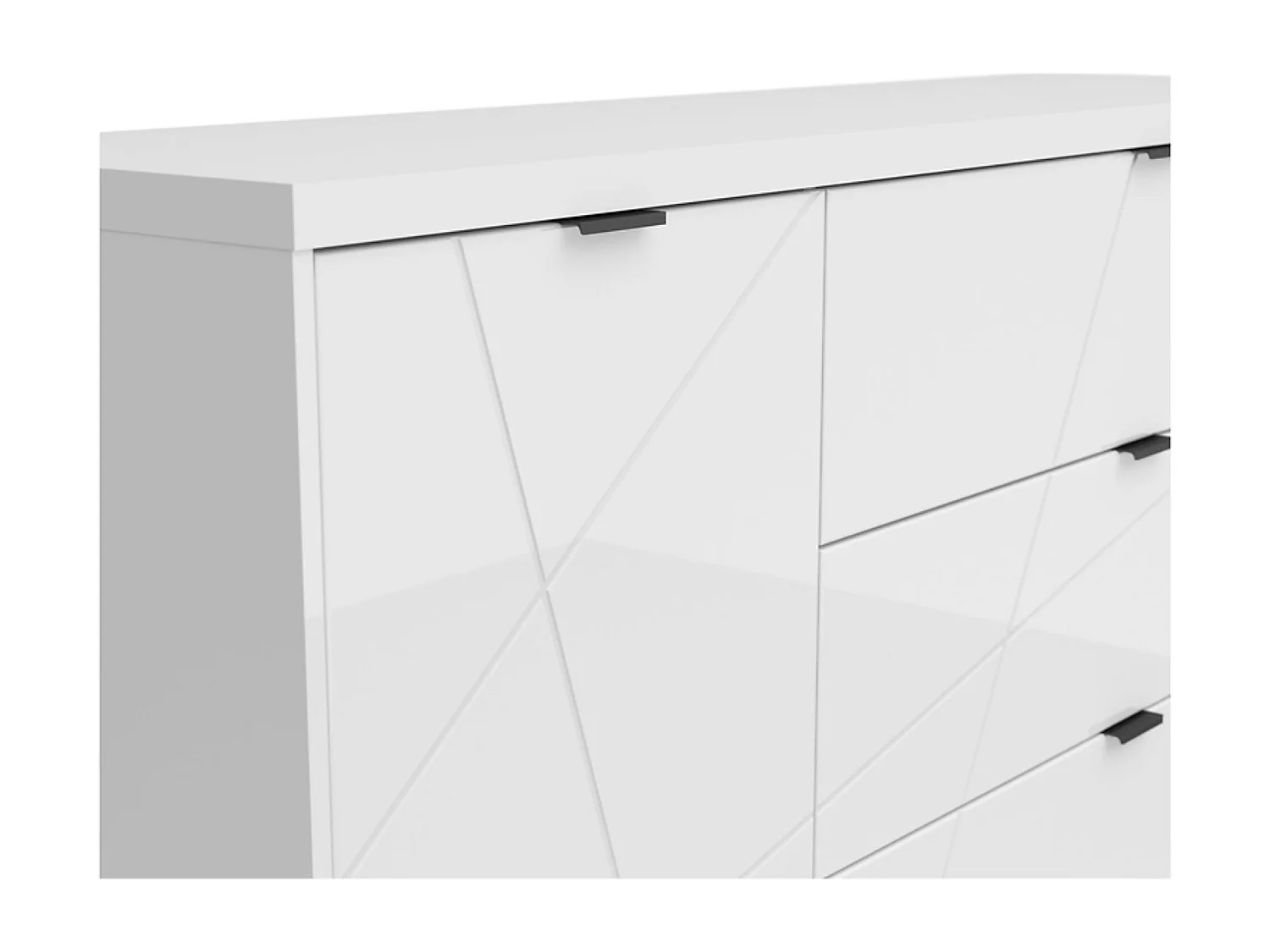 Commode Buffet avec 1 porte et 3 tiroirs, coloris Blanc brillant/Blanc haute brillance - Longueur 156 x Profondeur 42,5 x Hauteur 93 cm