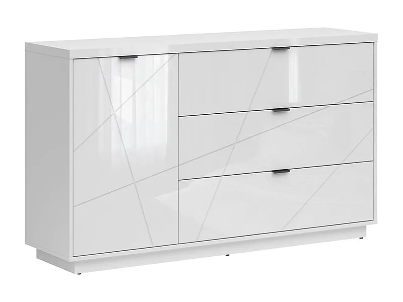 Commode Buffet avec 1 porte et 3 tiroirs, coloris Blanc brillant/Blanc haute brillance - Longueur 156 x Profondeur 42,5 x Hauteur 93 cm