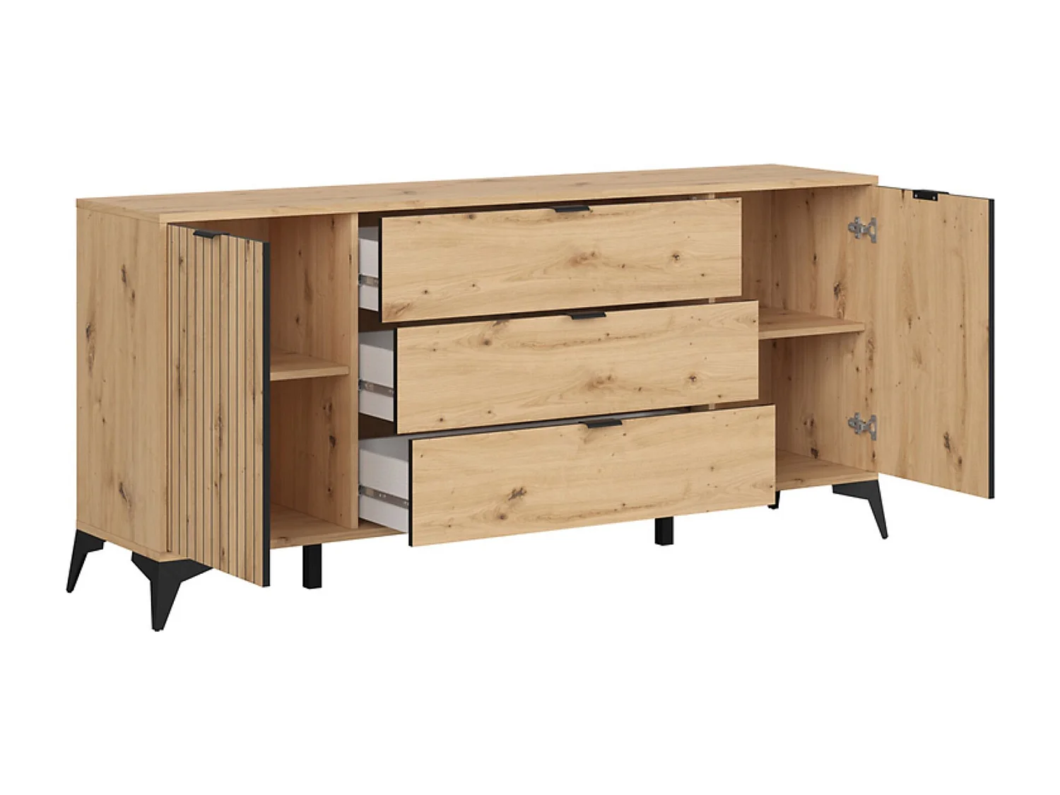 Commode Buffet à 2 portes et 3 tiroirs,coloris Chêne artisan - Longueur 180 x Profondeur 41 x Hauteur 83 cm