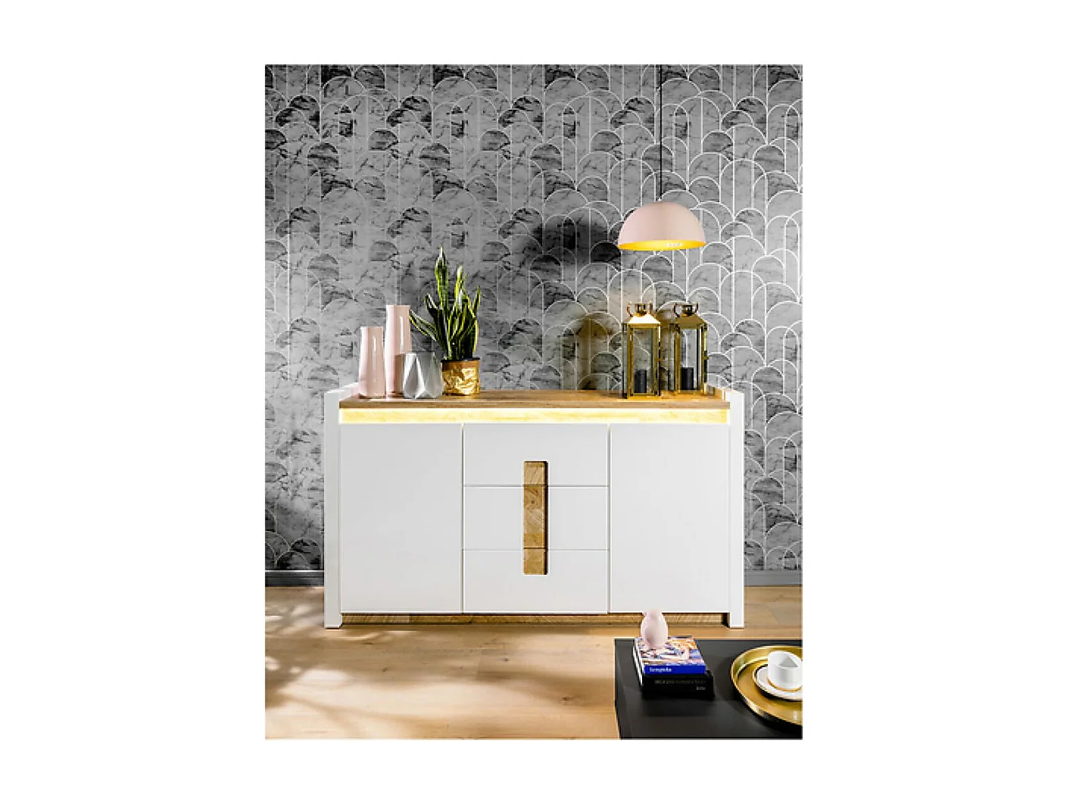 Commode avec 2 porte et 3 tiroirs avec éclairage LED, coloris Blanc brillant/Chêne clair - Longueur 172 x Profondeur 41 x Hauteur 96,5 cm