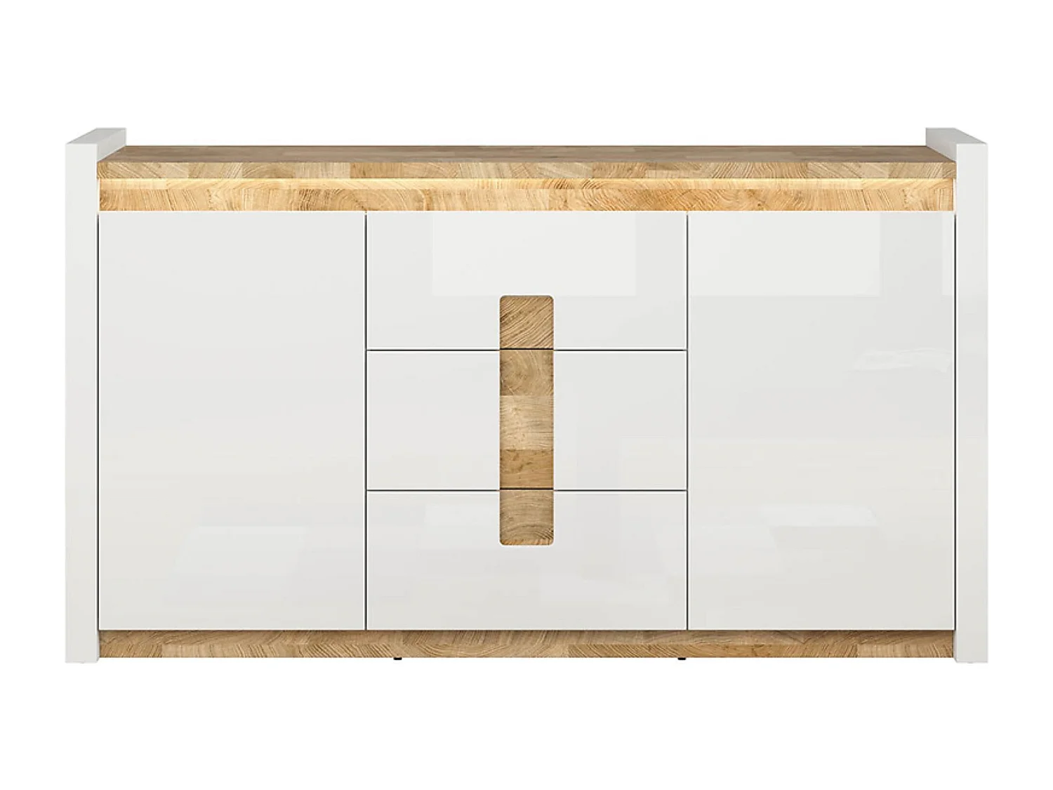 Commode avec 2 porte et 3 tiroirs avec éclairage LED, coloris Blanc brillant/Chêne clair - Longueur 172 x Profondeur 41 x Hauteur 96,5 cm