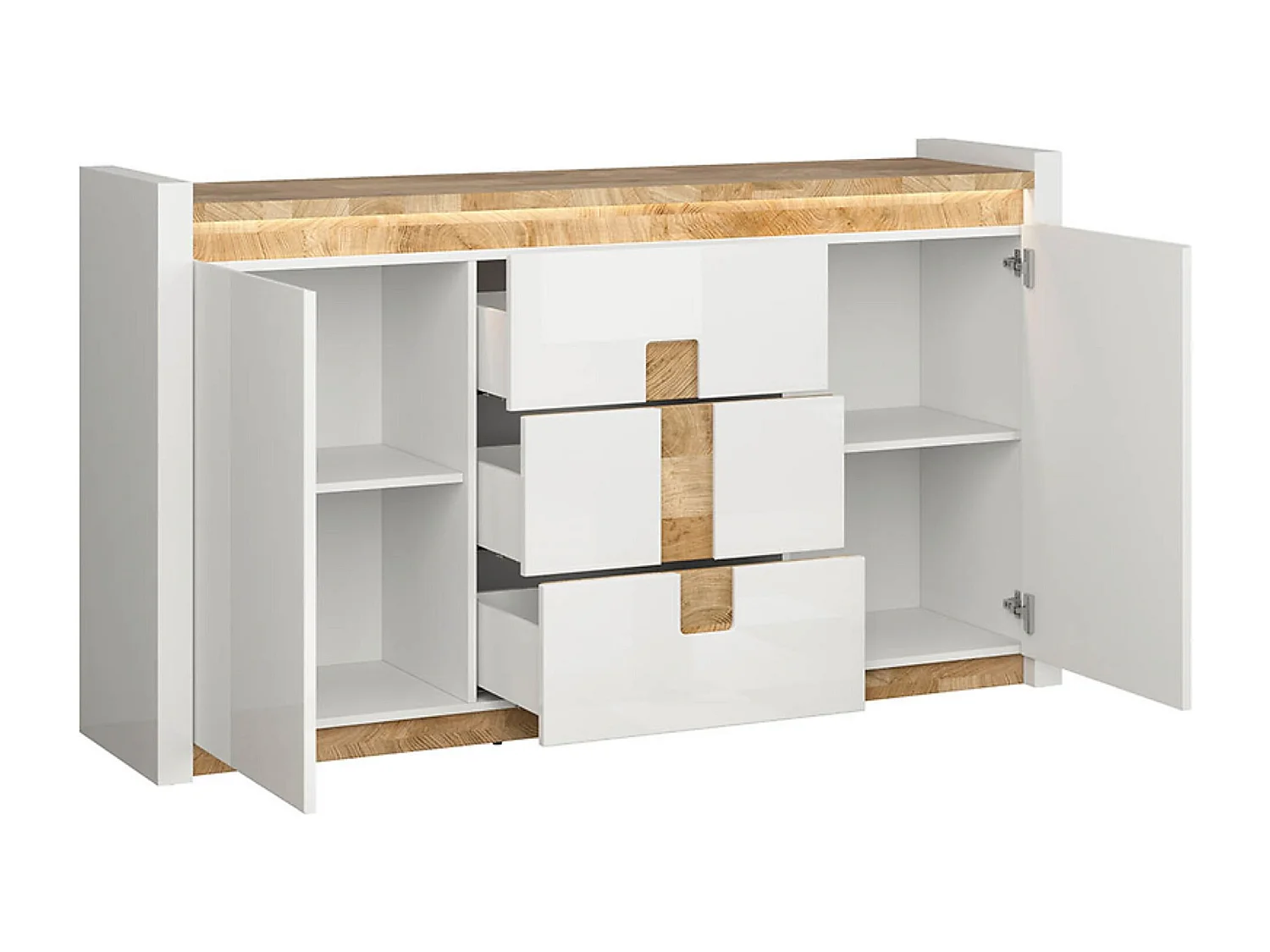 Commode avec 2 porte et 3 tiroirs avec éclairage LED, coloris Blanc brillant/Chêne clair - Longueur 172 x Profondeur 41 x Hauteur 96,5 cm
