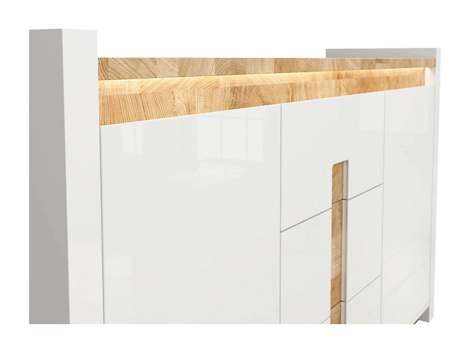 Commode avec 2 porte et 3 tiroirs avec éclairage LED, coloris Blanc brillant/Chêne clair - Longueur 172 x Profondeur 41 x Hauteur 96,5 cm