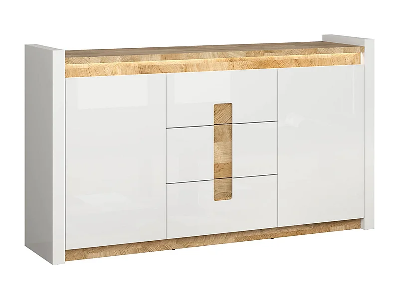 Commode avec 2 porte et 3 tiroirs avec éclairage LED, coloris Blanc brillant/Chêne clair - Longueur 172 x Profondeur 41 x Hauteur 96,5 cm