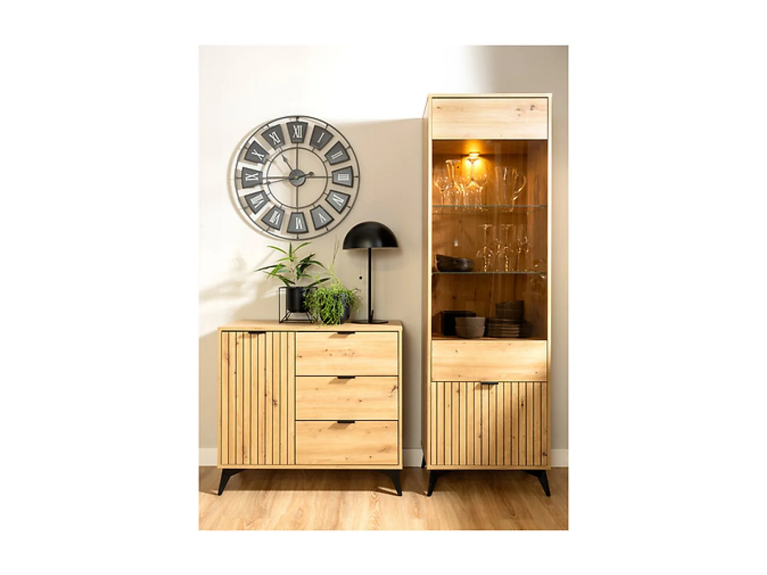 Commode meuble de rangement avec 1 porte et 3 tiroirs,coloris Chêne artisan - Longueur 90 x Profondeur 41 x Hauteur 83 cm