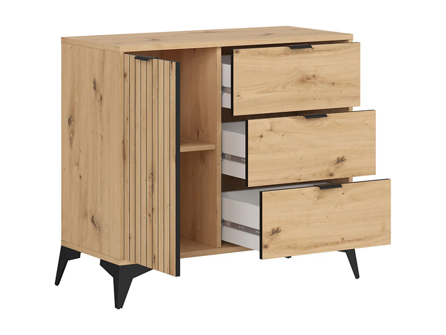 Commode meuble de rangement avec 1 porte et 3 tiroirs,coloris Chêne artisan - Longueur 90 x Profondeur 41 x Hauteur 83 cm