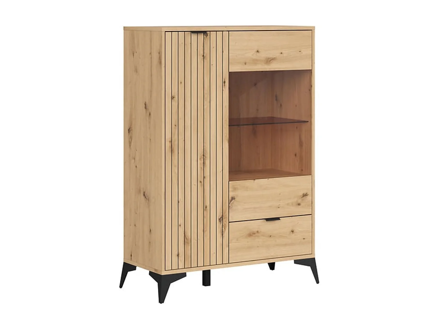 Vitrine basse à 2 portes et un tiroir,coloris Chêne artisan - Longueur 90 x Profondeur 41 x Hauteur 133 cm