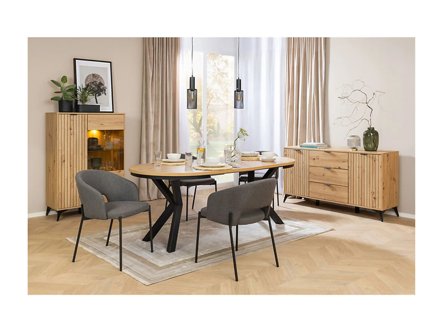 Vitrine basse à 2 portes et un tiroir,coloris Chêne artisan - Longueur 90 x Profondeur 41 x Hauteur 133 cm