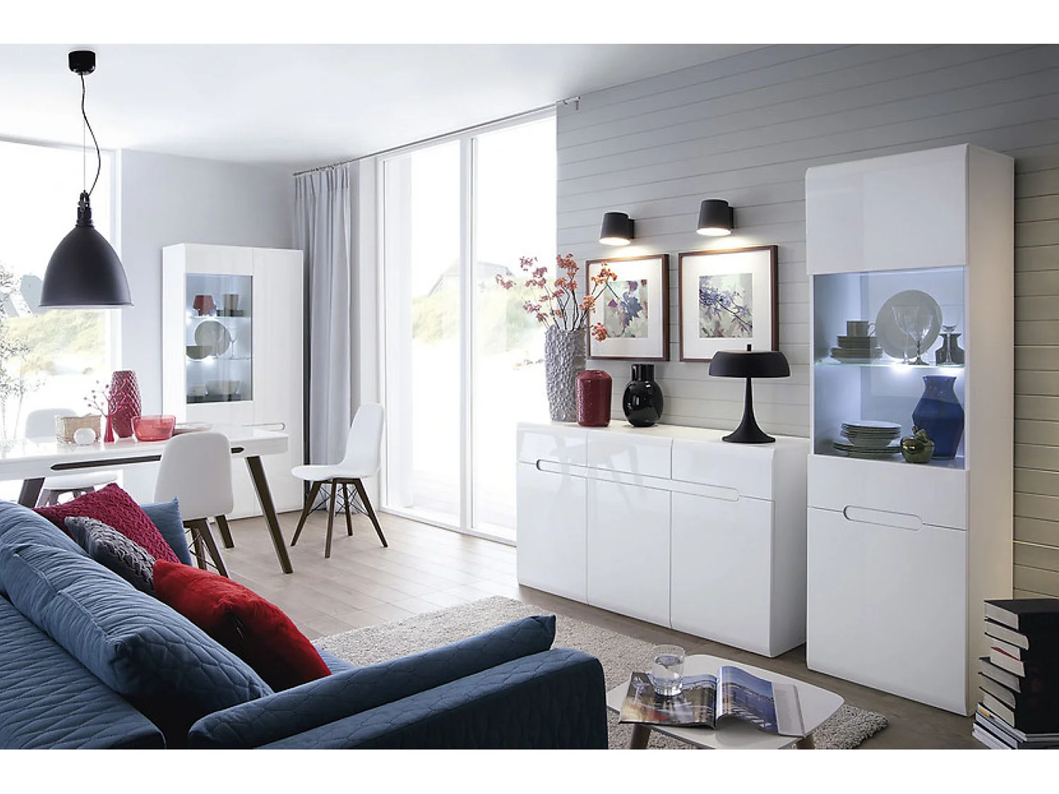 Vitrine haute à 2 portes avec éclairage LED, coloris Blanc/Blanc haute brillance - Longueur 60 x Profondeur 41 x Hauteur 193 cm