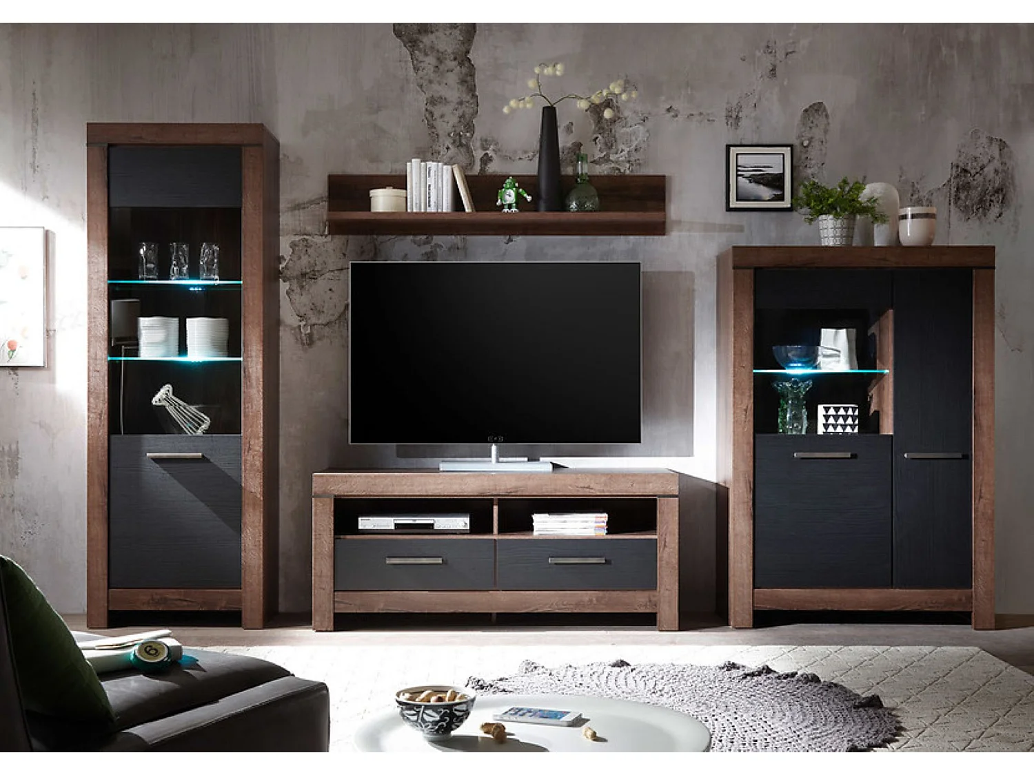 Vitrine Bibliothèque à 2 portes avec éclairage LED, coloris Chêne marron foncé/Chêne noir - Longueur 100,5 x Profondeur 39,5 x Hauteur 148,5 cm