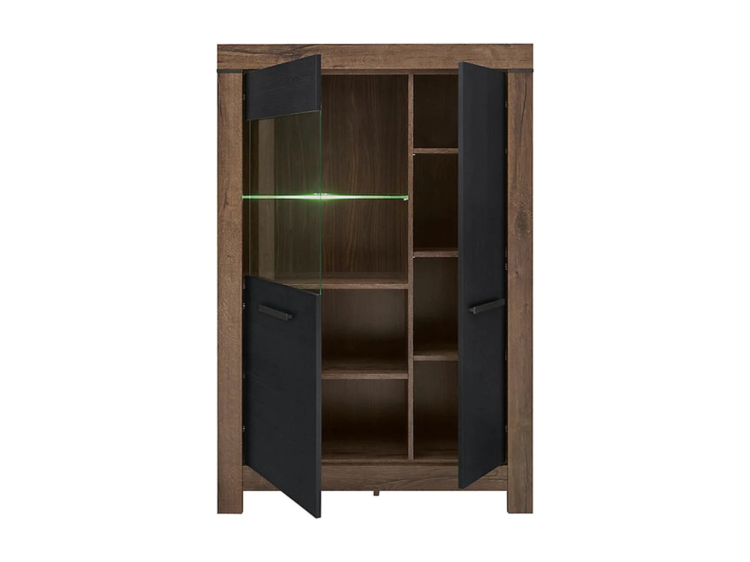 Vitrine Bibliothèque à 2 portes avec éclairage LED, coloris Chêne marron foncé/Chêne noir - Longueur 100,5 x Profondeur 39,5 x Hauteur 148,5 cm