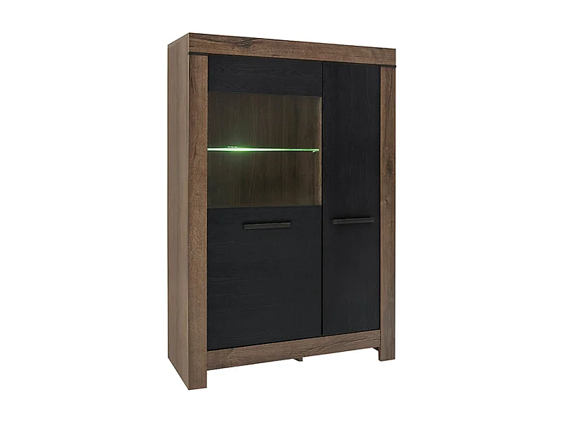 Vitrine Bibliothèque à 2 portes avec éclairage LED, coloris Chêne marron foncé/Chêne noir - Longueur 100,5 x Profondeur 39,5 x Hauteur 148,5 cm