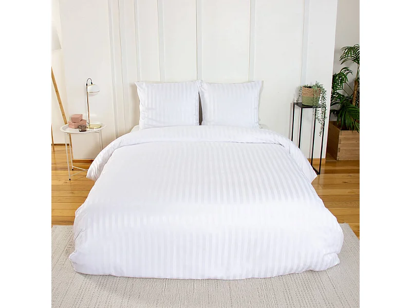 Ropa de cama de poliéster efecto satén con finas rayas blanco, 2