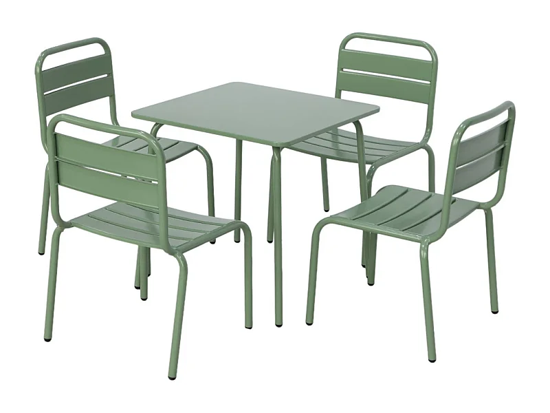 Salon de jardin enfant. table et chaises métal + 4 assises Anna vert de gris 48x48cm
