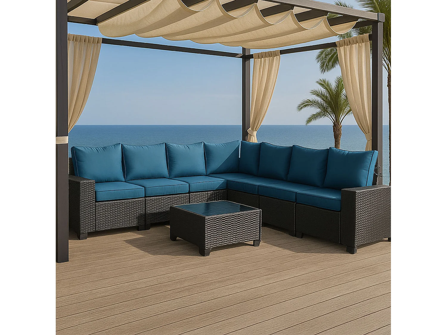 Salon de jardin d'angle 7 places en résine tressée avec table gris et bleu LAZARO