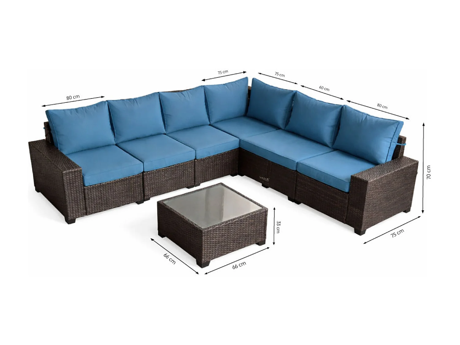 Salon de jardin d'angle 7 places en résine tressée avec table gris et bleu LAZARO