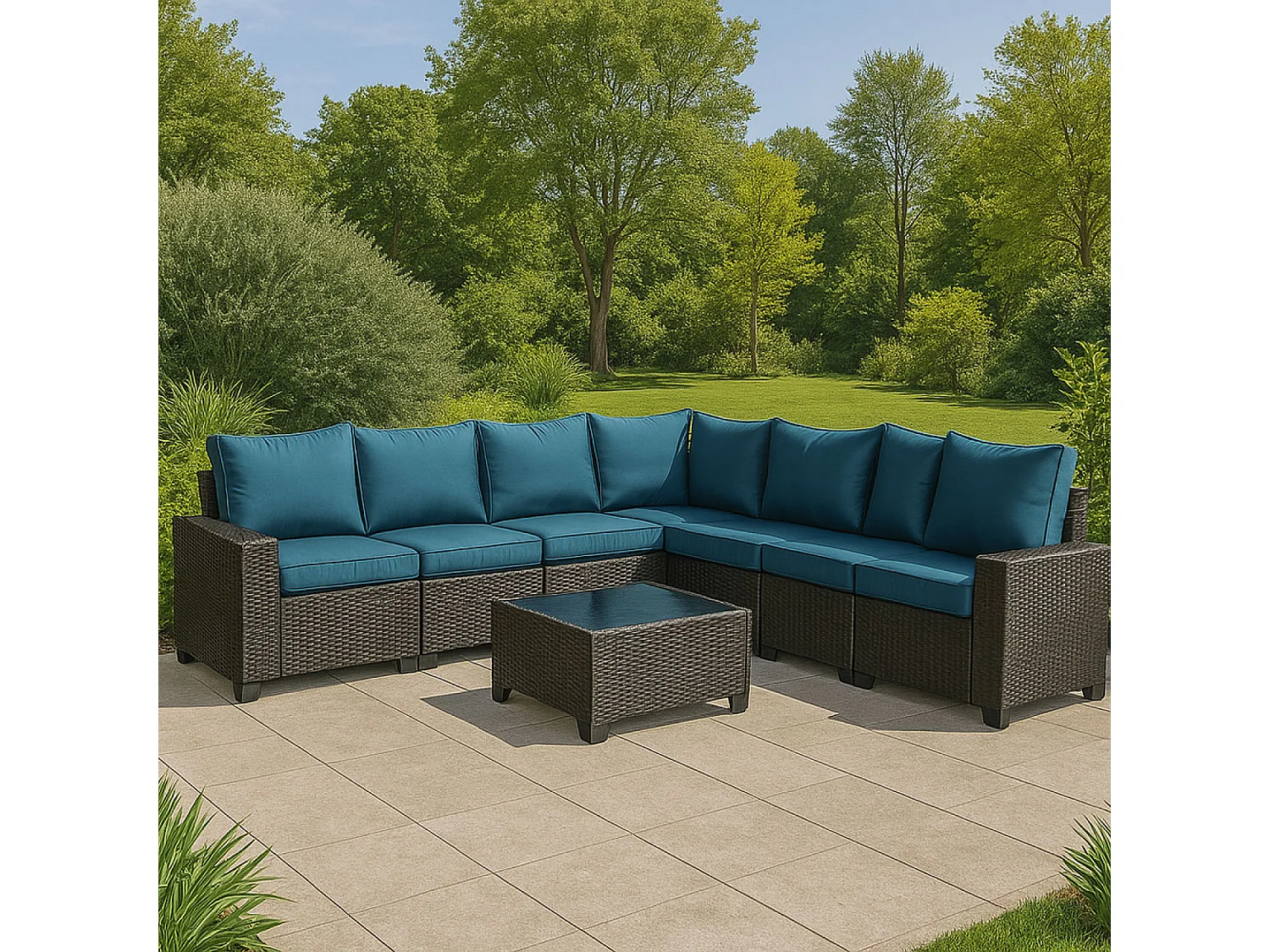 Salon de jardin d'angle 7 places en résine tressée avec table gris et bleu LAZARO