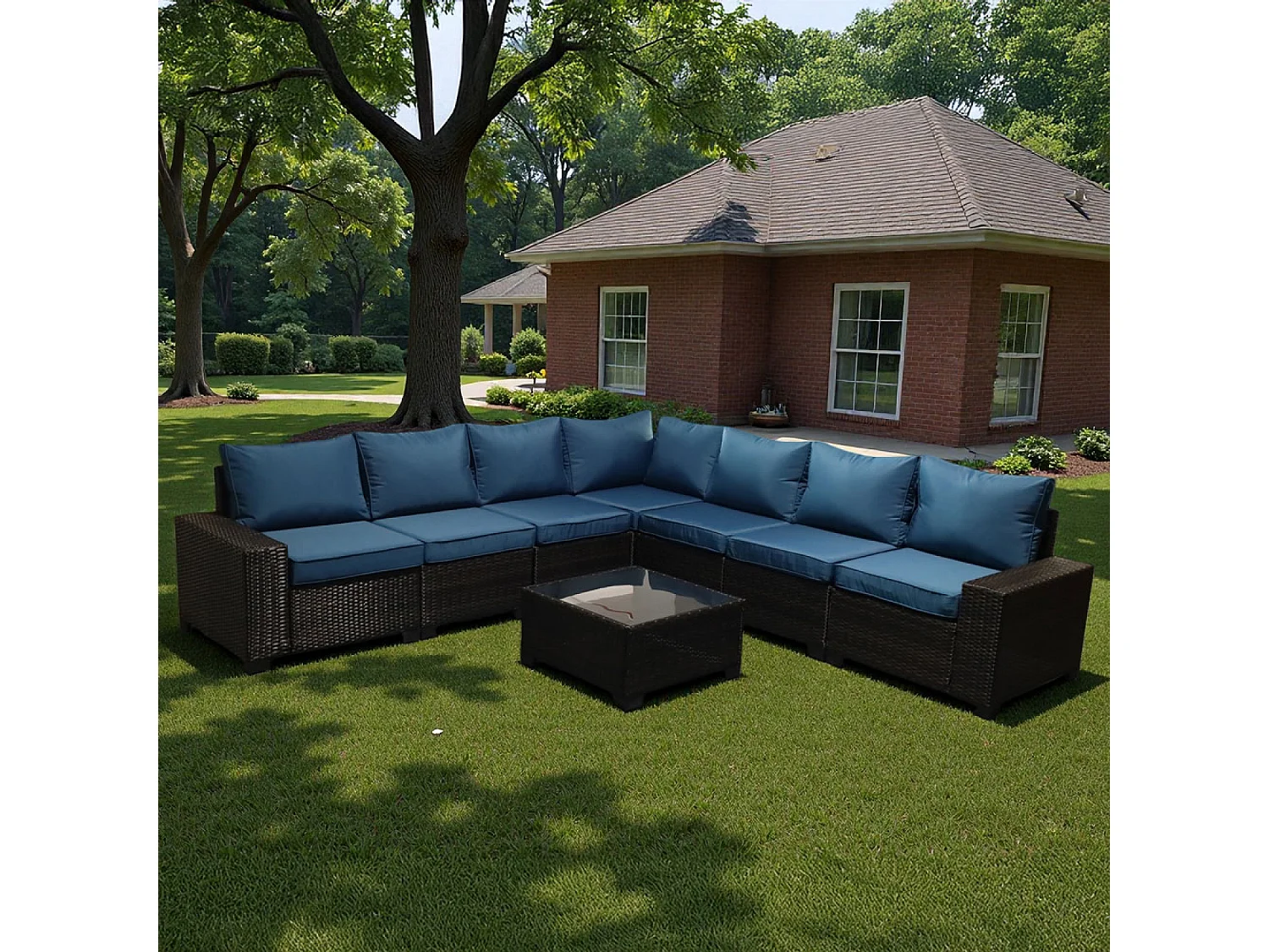 Salon de jardin d'angle 7 places en résine tressée avec table gris et bleu LAZARO